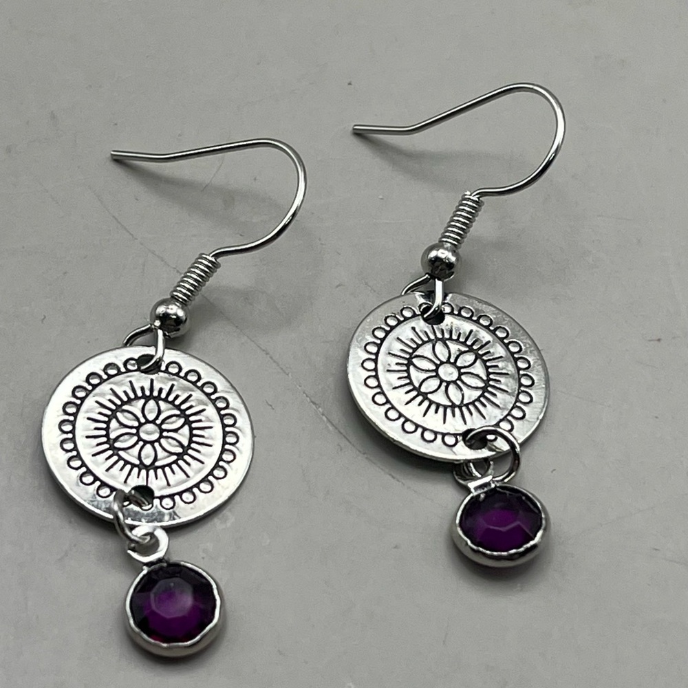 Silver Tone and Purple Flower Medallion Dangle Earrings - Boho Chic Jewelry
